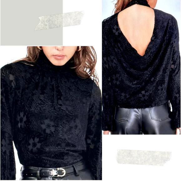 1. State High Neck Open Back Long Sleeve Blouse Rich Black M - Picture 1 of 16